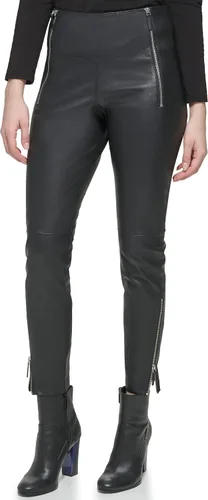 Miniatura 6 de Karl Lagerfeld Paris Pantalones de cuero elástico con cremallera para mujer con detalle de puntada superior