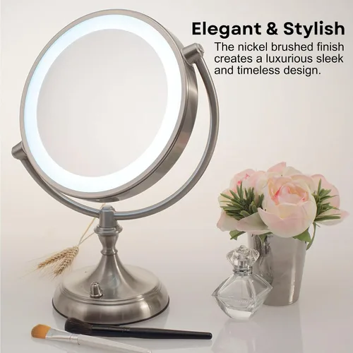Miniatura 4 de OVENTE Espejo de maquillaje de mesa iluminado de 9 pulgadas con aumento 1X/5X, espejo de tocador de aumento de doble cara con luces LED regulables