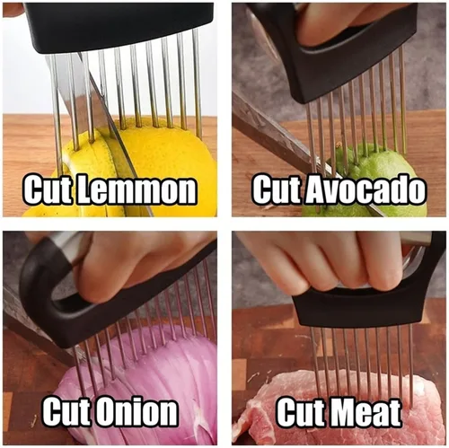 Miniatura 4 de Soporte de cebolla de acero inoxidable, nuevo soporte de cebolla para rebanar, cortador de limón para verduras, herramienta de asistencia para 3