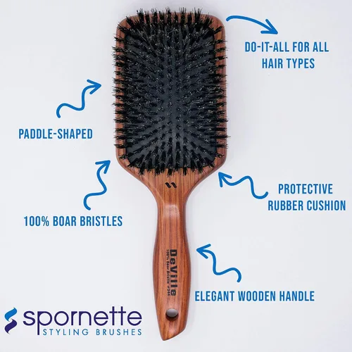 Miniatura 5 de Spornette Deville Cushion Paddle Brush - Cepillo de cerdas de jabalí con mango de madera, para alisar, alisar, desenredar, peinar y cepillar