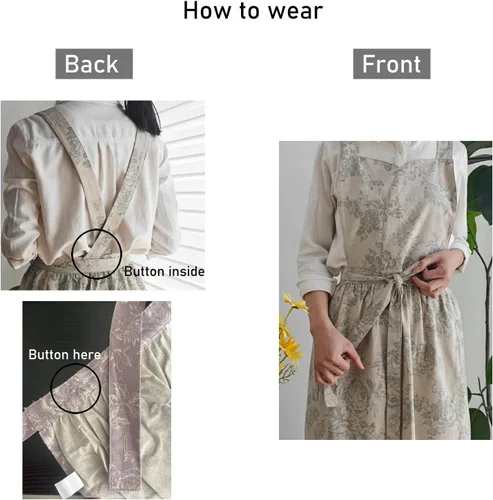 Miniatura 3 de Delantal de cocina floral de algodón impermeable para mujer, delantal ajustable con bolsillos, estilo vintage para cocinar y hornear