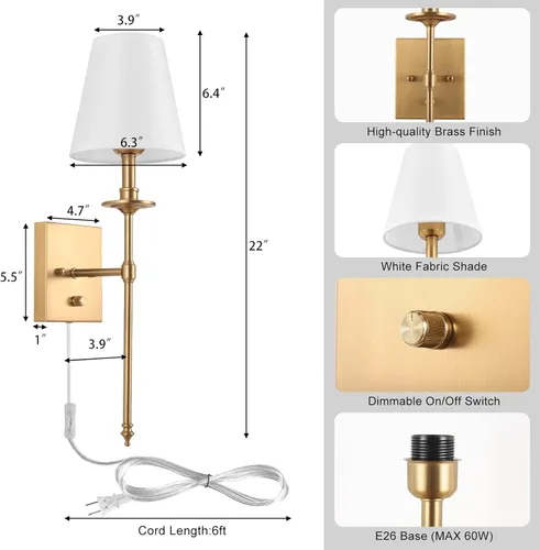 Miniatura 6 de Juego de dos apliques de pared regulables, apliques de pared enchufables con pantalla de tela blanca, lámpara de pared para dormitorio, sala