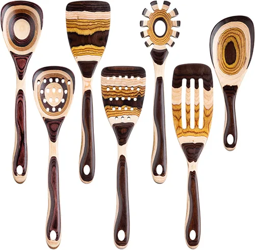 Miniatura 9 de Gudamaye Pakkawood - Utensilios de cocina de madera azul de 7 piezas, cucharas de madera, juego de utensilios de cocina, cucharas antiadherentes
