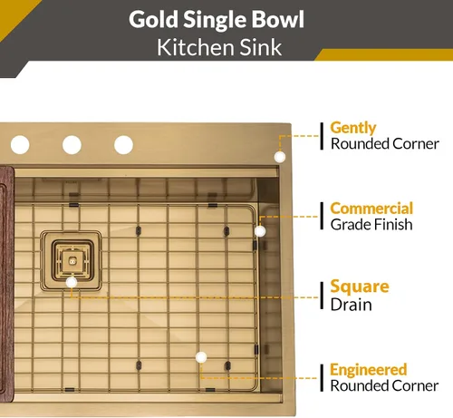 Miniatura 5 de Strictly Sinks - Fregadero de cocina con estación de trabajo de 33 pulgadas, fregadero dorado de acero inoxidable calibre 16 con colador, tabla