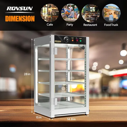 Miniatura 7 de ROVSUN Calentador de alimentos comercial de 5 niveles, calentador de pizza de 15 pulgadas, pantalla de calentador de alimentos con iluminación LED