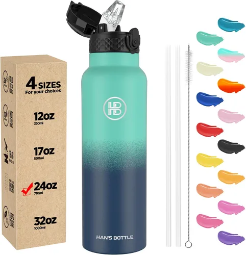Miniatura 59 de Han's Bottle - Botella de agua para niños con tapa con pajilla - Vaso reutilizable de acero inoxidable aislado para niñas, niños, taza termo, 17