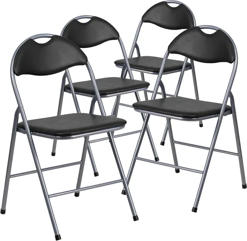 Flash Furniture Hercules Series - Sillas plegables de metal con asa de transporte, silla acolchada tapizada de vinilo, juego de 4, color negro