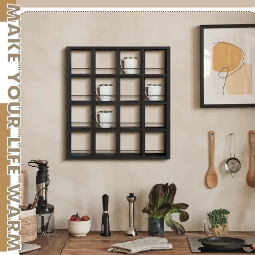Miniatura 4 de Kigley Estante de exhibición de taza de café de gran tamaño con 16 ranuras de madera para montar en la pared, caja de sombras Curio, estante