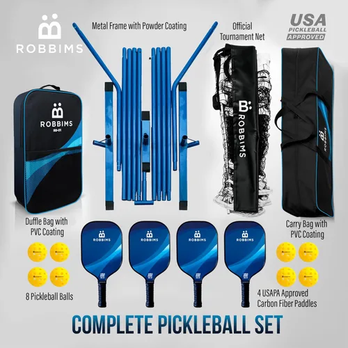 Miniatura 2 de Juego de pickleball con red 4 paletas de fibra de carbono aprobadas por Pickleball de Estados Unidos, sistema de red portátil de tamaño regulador