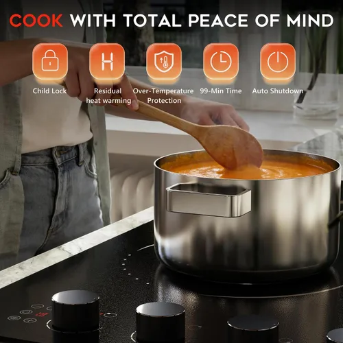 Miniatura 9 de Placa de cocina eléctrica de 30 pulgadas, estufa eléctrica de 4 quemadores, 6700 W, quemador de doble anillo y quemador ovalado, 9 niveles