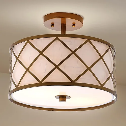Miniatura 7 de JONATHAN Y Lámpara de techo LED de metal dorado de 13.25 pulgadas, lámpara de tambor de celosía moderna con pantalla de lino blanco, 2 luces