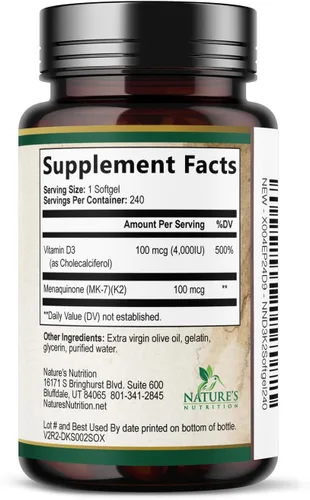 Miniatura 8 de Vitamina D3 4000 UI, 100 mcg por porción, Vitaminas D K2 extra fuertes 2 en 1 para apoyo óseo, corazón y muscular, apoyo inmunológico y absorción