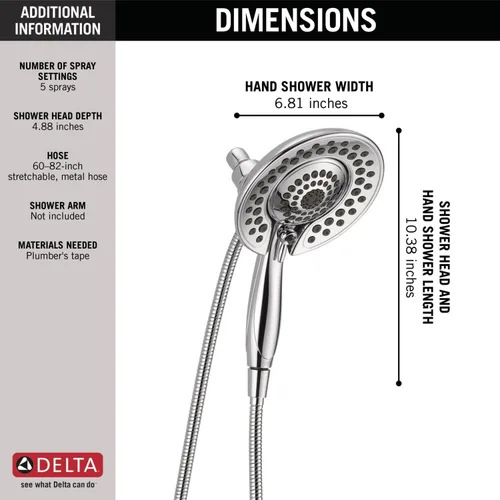 Miniatura 4 de Cabezal de ducha Delta Faucet 5-Spray In2ition 2-en-1 doble con rociador de mano, cabezal de ducha de mano cromado con manguera, cabezales de ducha