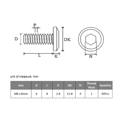 Miniatura 5 de VGBUY M6-1 x 8 mm 90 piezas Tornillos de cabeza plana con muesca hexagonal, pernos métricos M6, acero inoxidable 304 18-8, niquelado negro, rosca