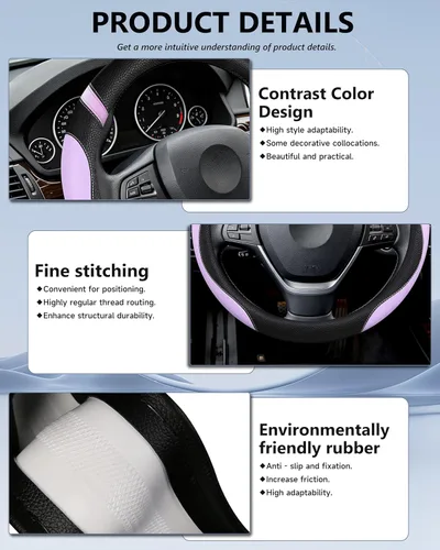 Miniatura 5 de Funda universal de cuero para volante para mujer, funda de volante para automóvil de 15 pulgadas (color lila)