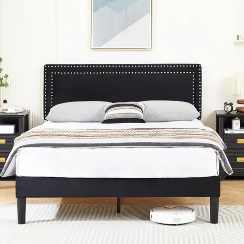 Miniatura 3 de Marco de cama de plataforma tamaño completo con cabecera tapizada ajustable, base de colchón moderna, soporte fuerte de listones de madera,