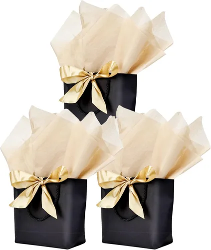 Aosric Paquete de 12 bolsas de regalo negras con cinta de lazo, 7.48 x 3.54 x 7.9 pulgadas, elegante bolsa de regalo de cartulina pequeña con asas y