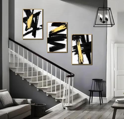 Miniatura 5 de Sofoney - Lienzo abstracto enmarcado en oro negro y dorado, impresiones artísticas 3D texturizadas con pinceladas negras con lámina dorada