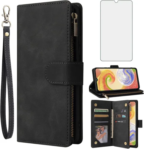 Asuwish Funda tipo cartera compatible con Samsung Galaxy A14 5G, protector de pantalla de vidrio templado y funda de cuero con tapa para tarjetero,