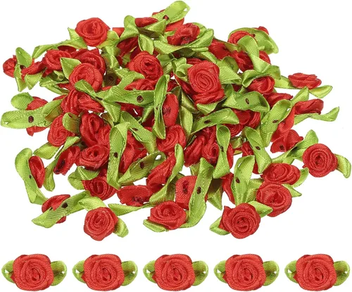 Miniatura 6 de PATIKIL Mini rosas de cinta, 200 unidades, pequeñas flores de tela de satén con adornos de hojas verdes, rosetas para manualidades, costura, boda