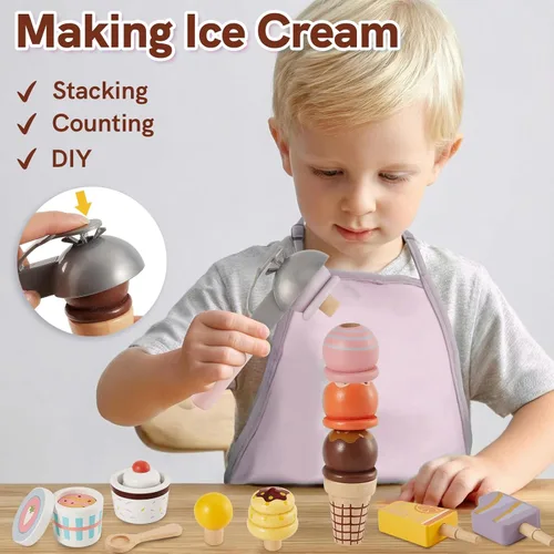 Miniatura 2 de HERSITY - Mostrador de Helado de Madera para Juego Simulado de Comida para Niños de 3 a 5 años, Juego de Tienda de Helados y Paleta de Juguete