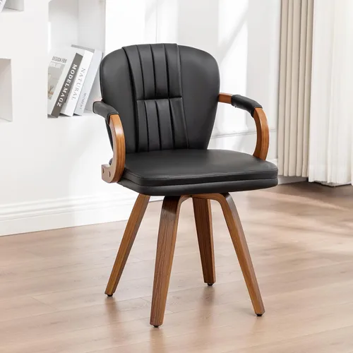Sillas de comedor giratorias de mediados de siglo, modernas sillas de cocina tapizadas de piel sintética negra con marco de madera curvada, sillas