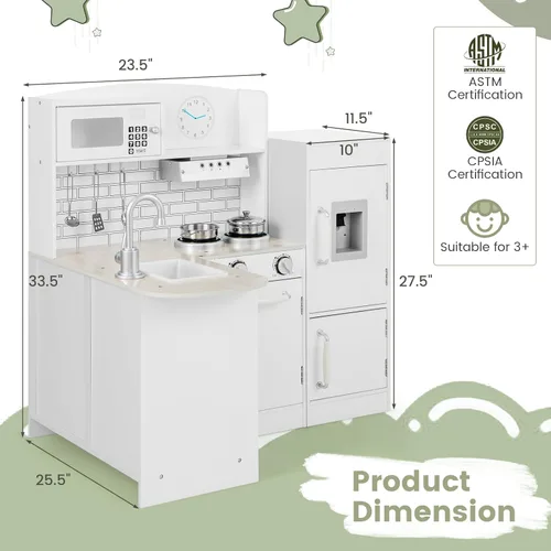 Miniatura 6 de Costzon Juego de cocina esquinera para niños, juego de cocina de madera 8 en 1 con microondas realista, horno, estufa, refrigerador, campana