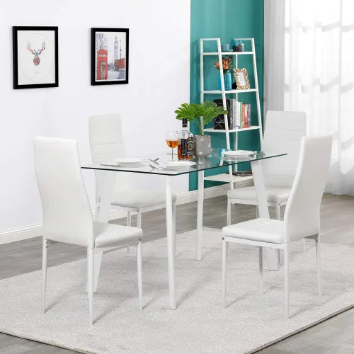 Miniatura 9 de Juego de mesa de comedor de 5 piezas para 4, juego de mesa de cocina contemporáneo con mesa de vidrio templado y 4 sillas de comedor de cuero