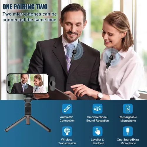 Miniatura 2 de Paquete de 2 micrófonos inalámbricos para iPhone, iPad, Android, portátil, mini micrófono con clip Plug-Play, micrófono de solapa profesional