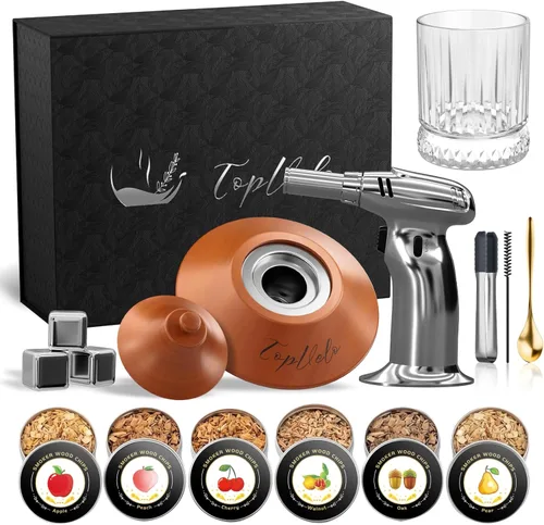 Kit de ahumador de cóctel con antorcha y vaso de whisky, chips de madera de 6 sabores y 3 piedras de whisky para whisky y bourbon, regalo para Marrón