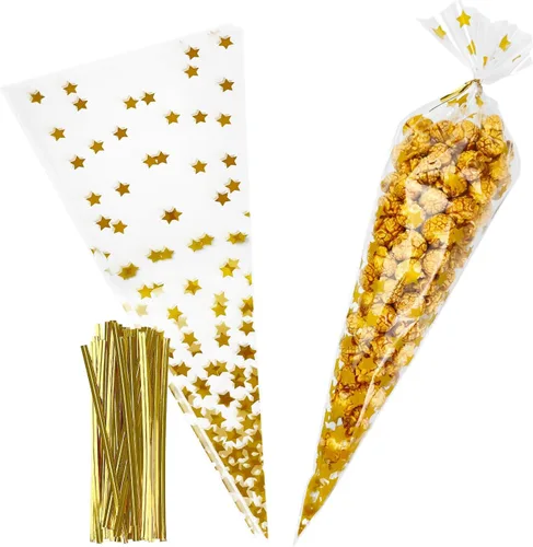 Miniatura 7 de EKAPACKAGING 50 bolsas de golosinas con forma de cono de 7 x 15 pulgadas, bolsas de palomitas de maíz de San Valentín con lazos para dulces y arroz