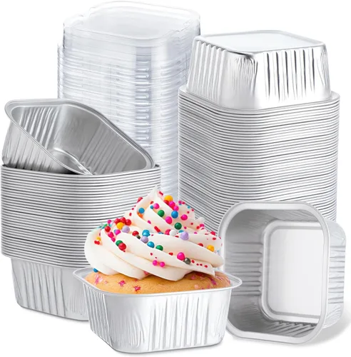 Miniatura 9 de Skylety 100 Piezas Moldes para Hornear Cuadrados Mini de 5 oz con Tapa Molde de Lámina de Aluminio para Magdalenas Molde para Brownies Moldes Varios