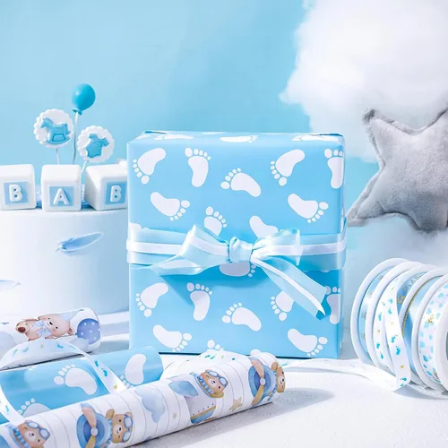 Miniatura 7 de WRAPAHOLIC Papel de regalo de oso para baby shower, mini rollo, 3 rollos, 17 x 120 pulgadas, diseño de oso de aventura en avión y fiesta para baby