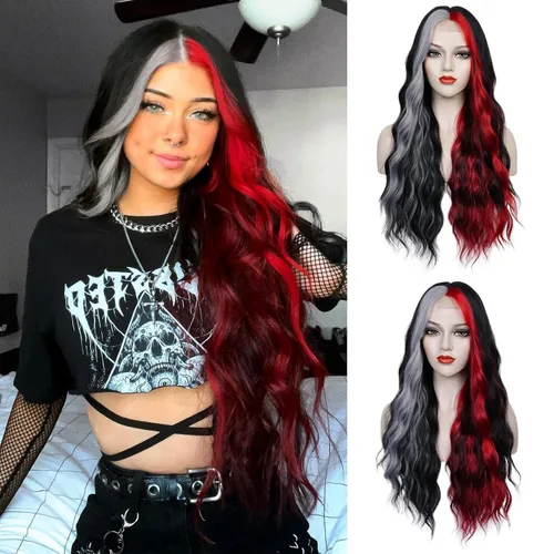 Miniatura 13 de Peluca azul larga natural ondulada sintética de fibra resistente al calor, peluca azul con ondas de agua para Halloween, cosplay, fiesta diaria Azul