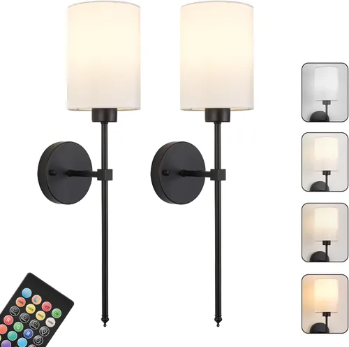 Miniatura 10 de Juego de Dos Apliques de Pared a Batería, Luz de Pared Inalámbrica Recargable con Control Remoto, Regulable, Luz Ámbar/Blanco Cálido/Blanco Negro