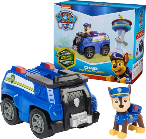 Paw Patrol, Patrulla de Chase, Vehículo de juguete con figura de acción coleccionable, juguetes para niños con conciencia sostenible para niños y