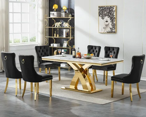 Miniatura 45 de Juego de mesa de comedor de 7 piezas con sillas, mesa de comedor de mármol sintético y sillas beige para 6, juego de mesa de comedor de oro blanco