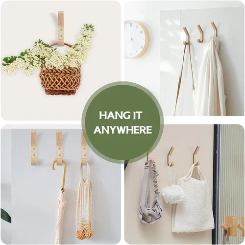 Miniatura 3 de Ganchos de Pared de Madera Natural, Paquete de 4 Ganchos de Abrigo de Madera Montados en la Pared, Gancho Colgador de Clavija de Madera Decorativo