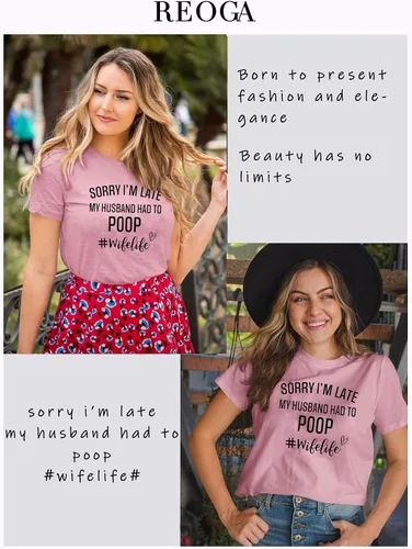Miniatura 3 de Camisetas divertidas para mujer con texto en inglés "Sorry Im Late My Husband Had to Poo
