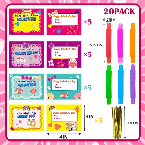 Miniatura 2 de Tarjetas de intercambio de juguetes de San Valentín para niños, jardín de infantes, paquete de 20 a 48 unidades, tubos pop para el día de San