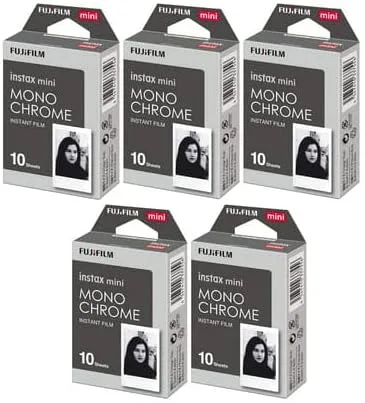 Fujifilm Instax Mini película monocromática (10 exposiciones, tamaño de tarjeta de crédito), paquete de 5 (5 artículos)