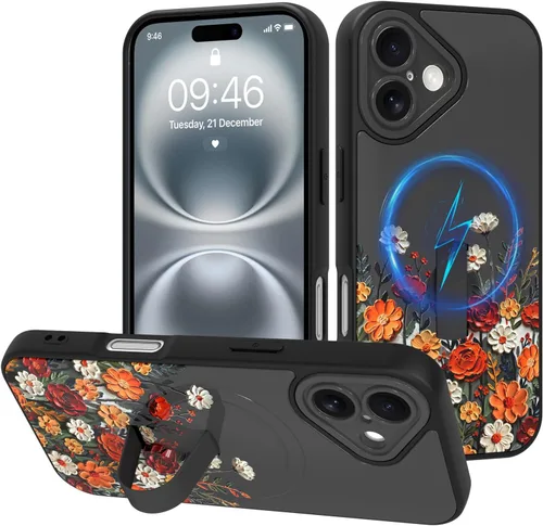 Miniatura 85 de Funda diseñada para iPhone 17 Pro Max con soporte plegable y correa para dedos, bonito patrón de lazo de corazón de flor rosa para mujeres y niñas