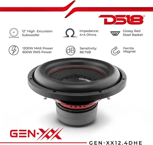 Miniatura 5 de DS18 GEN-XX12.4DHE - Subwoofer para automóvil de alta excursión de 12 pulgadas, 1000 vatios, bobina de voz dual máxima, 4+4 ohmios (1 altavoz)
