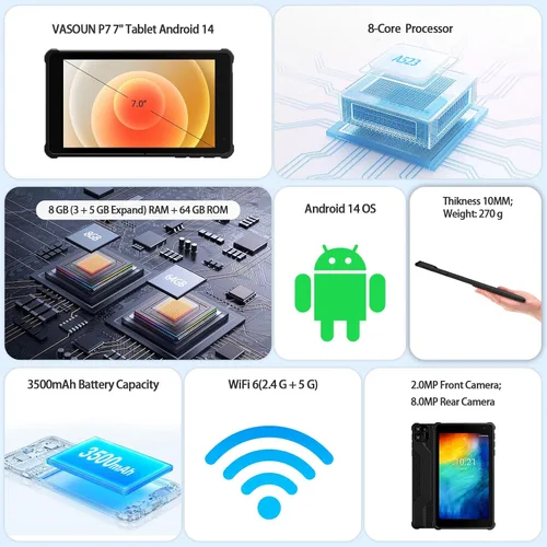 Miniatura 4 de VASOUN Tablet Android 14 de 7 pulgadas, 8 GB de RAM 64 GB ROM, Octa-Core 2.0 GHz, pantalla táctil IPS, cámara dual, 5G WiFi/Bluetooth, tableta