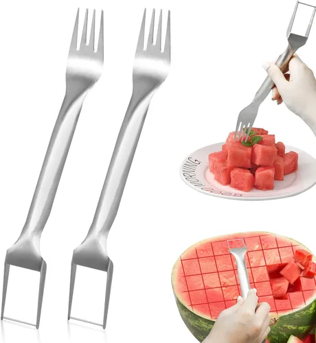 Cortador de tenedor de sandía, 2 piezas, cortador de tenedor de sandía de acero inoxidable 2 en 1, cortador de sandía portátil, herramienta de corte