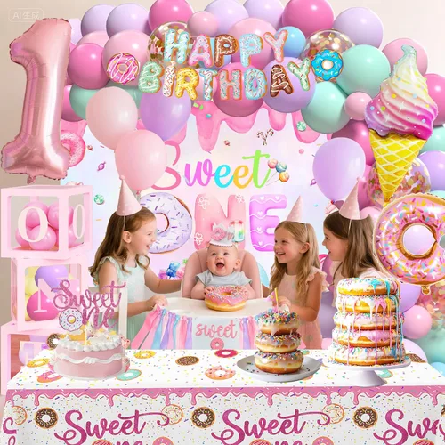 Miniatura 2 de Decoraciones de primer cumpleaños para niña, decoración de primer cumpleaños con telón de fondo, cajas de globos, mantel, decoración de pastel