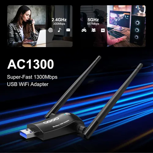 Miniatura 2 de QGOO AC1300Mbps Adaptador WiFi inalámbrico para PC de sobremesa - Dongle de red USB 3.0 con antenas duales de alta ganancia de 5dBi, banda dual