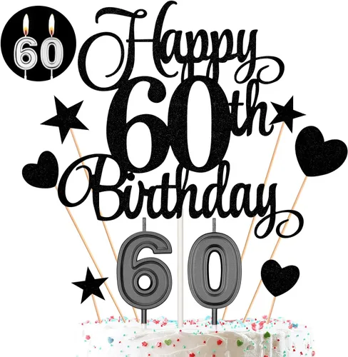 El juego de decoraciones para tartas de cumpleaños de 60 años incluye velas de 60 cumpleaños número 60 velas para pasteles y adornos para pasteles