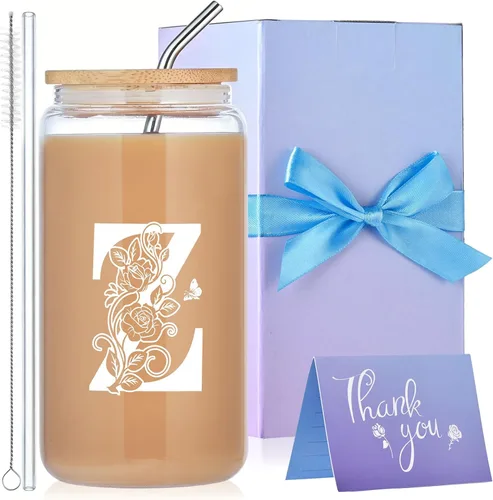 Miniatura 27 de Vasos de vidrio con iniciales con tapas y pajitas, regalos con monograma para mujeres, vaso de vidrio de cerveza de 16 onzas, taza de café helado