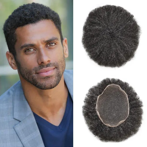 Miniatura 9 de Pelucas afro rizadas para hombre, con encaje francés, de 10 x 8 pulgadas, completamente transparente, de repuesto, sistema de cabello humano rizado